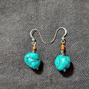 Silver Tone Faux Turquoise Nugget Dangle Drop Statement Earrings